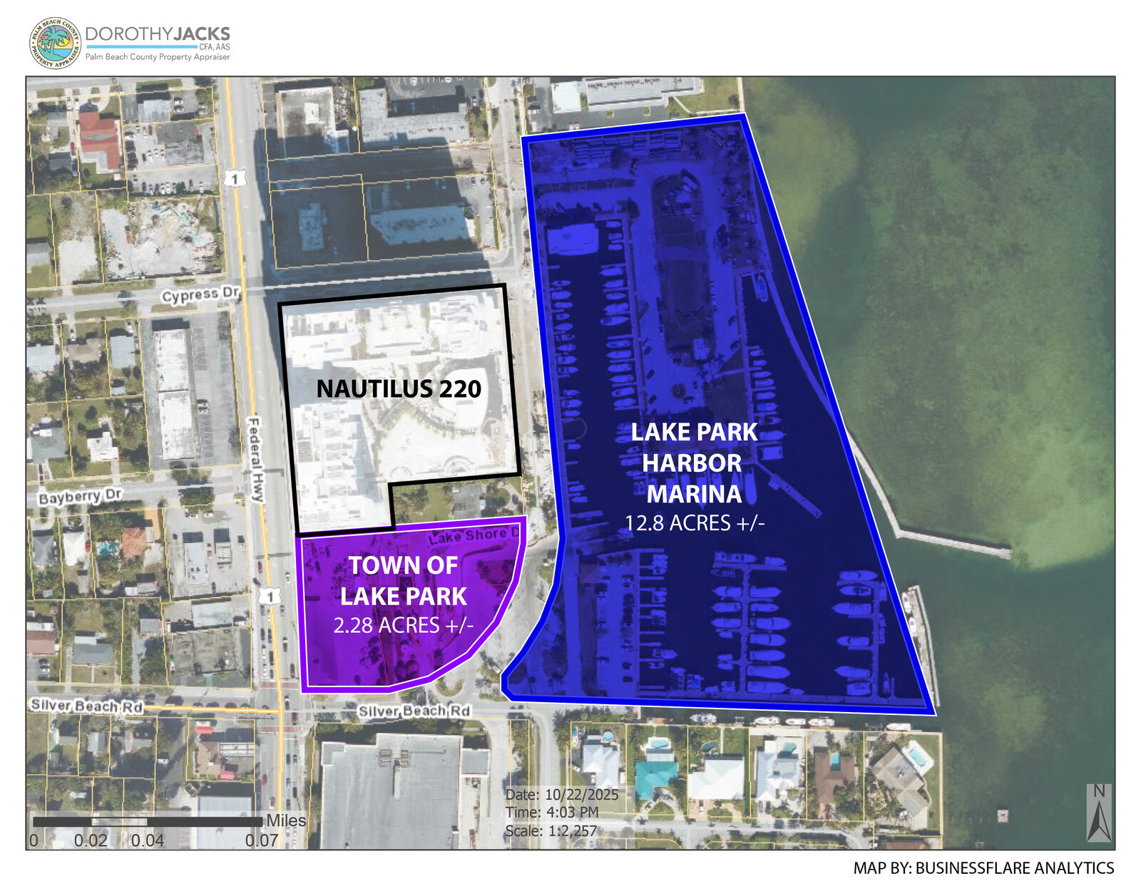 Aerial of the Lake Park marina district on the Intracoastal Waterway — the waterfront site at the heart of the public-private partnership concept.